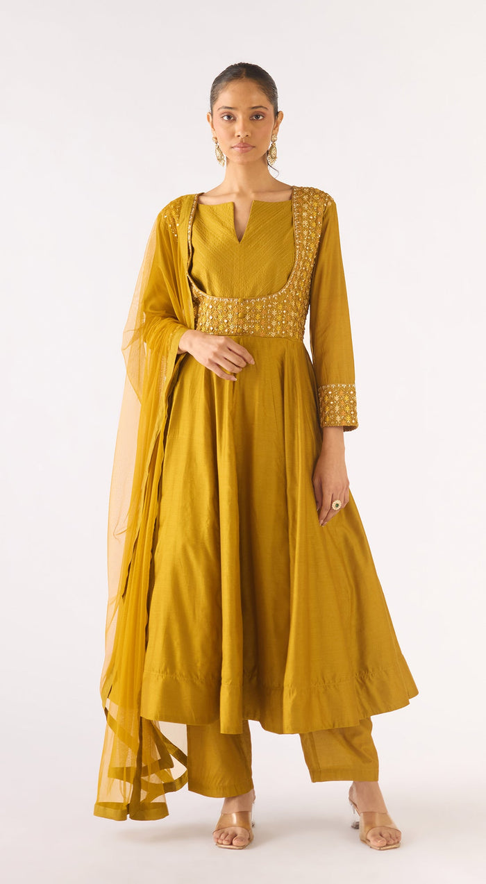 Mustard Cotton Silk Embroidered Anarkali Set