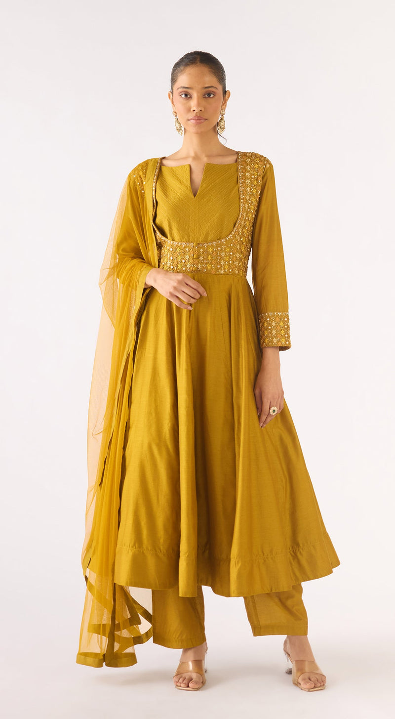 Mustard Cotton Silk Embroidered Anarkali Set