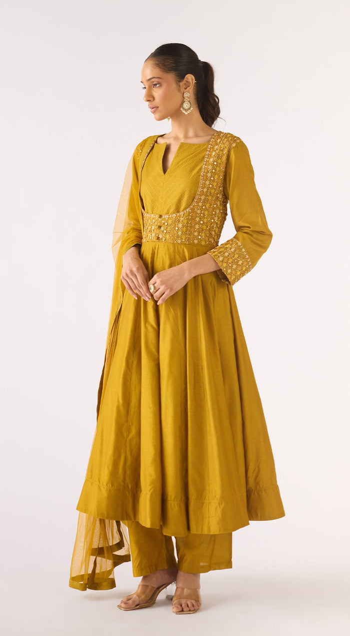 Mustard Cotton Silk Embroidered Anarkali Set