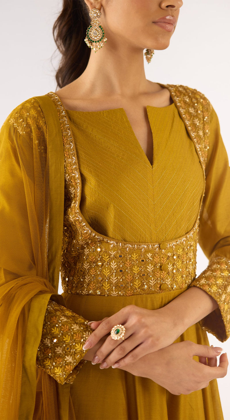 Mustard Cotton Silk Embroidered Anarkali Set