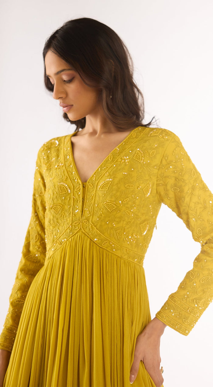 Lime Georgette Embroidered Anarkali