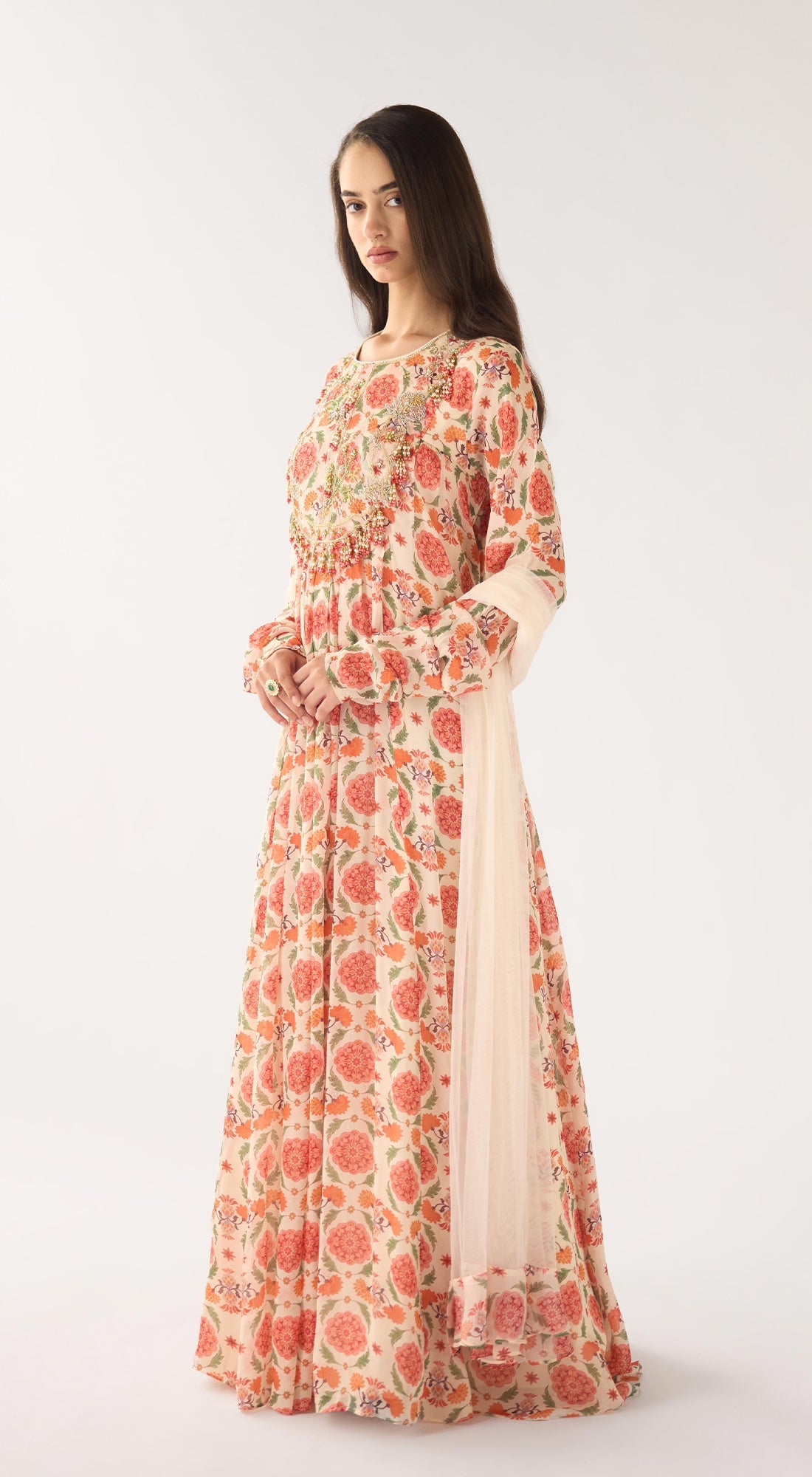 White Chinon Anarkali Set