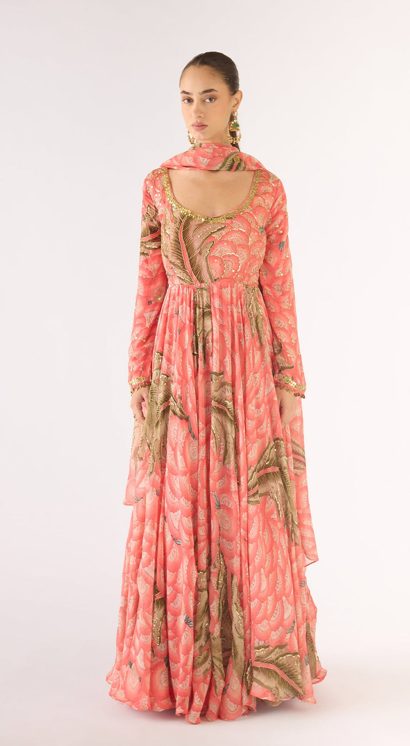 Pink Organza Embroidered Anarkali Set