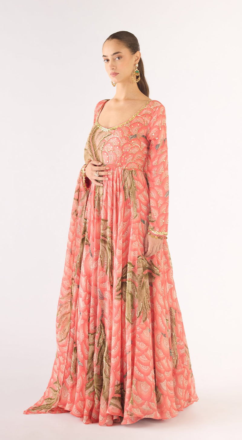 Pink Organza Embroidered Anarkali Set