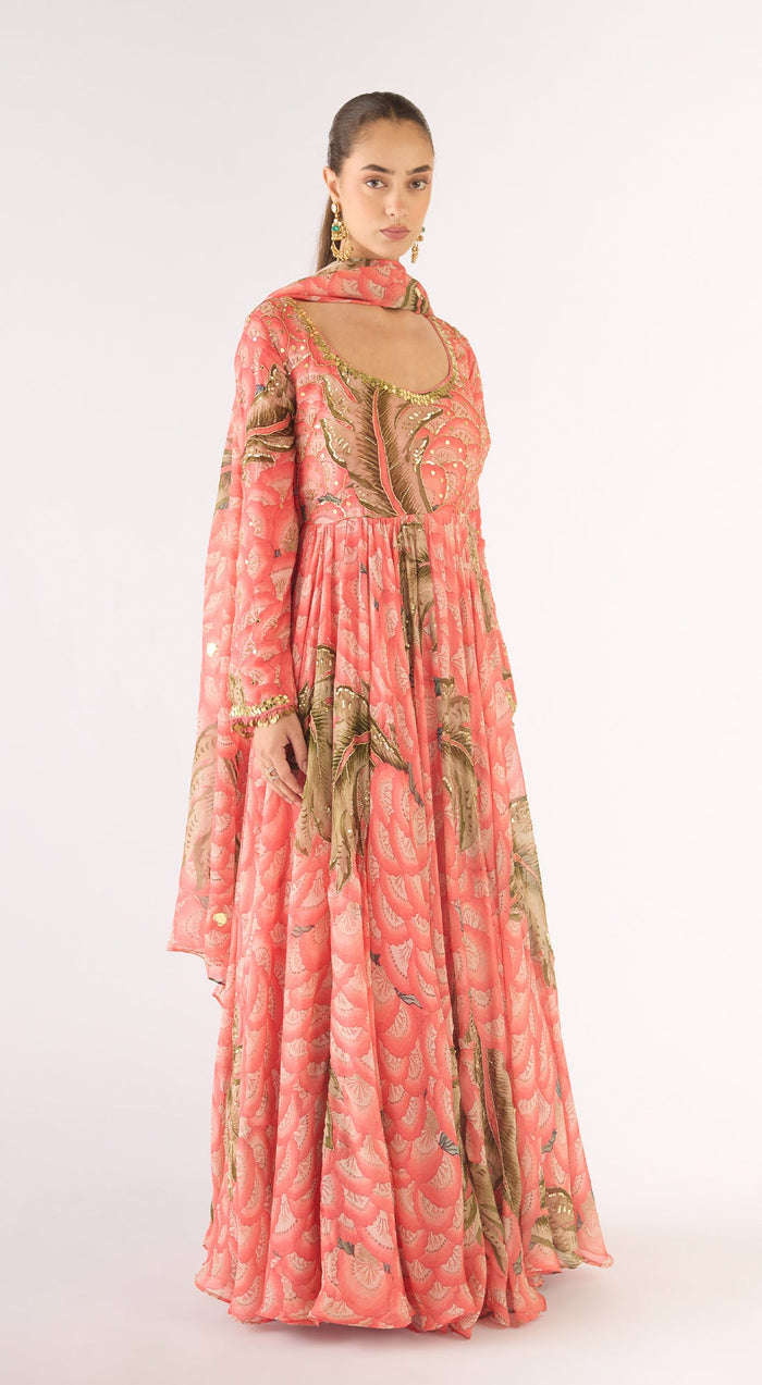 Pink Organza Embroidered Anarkali Set