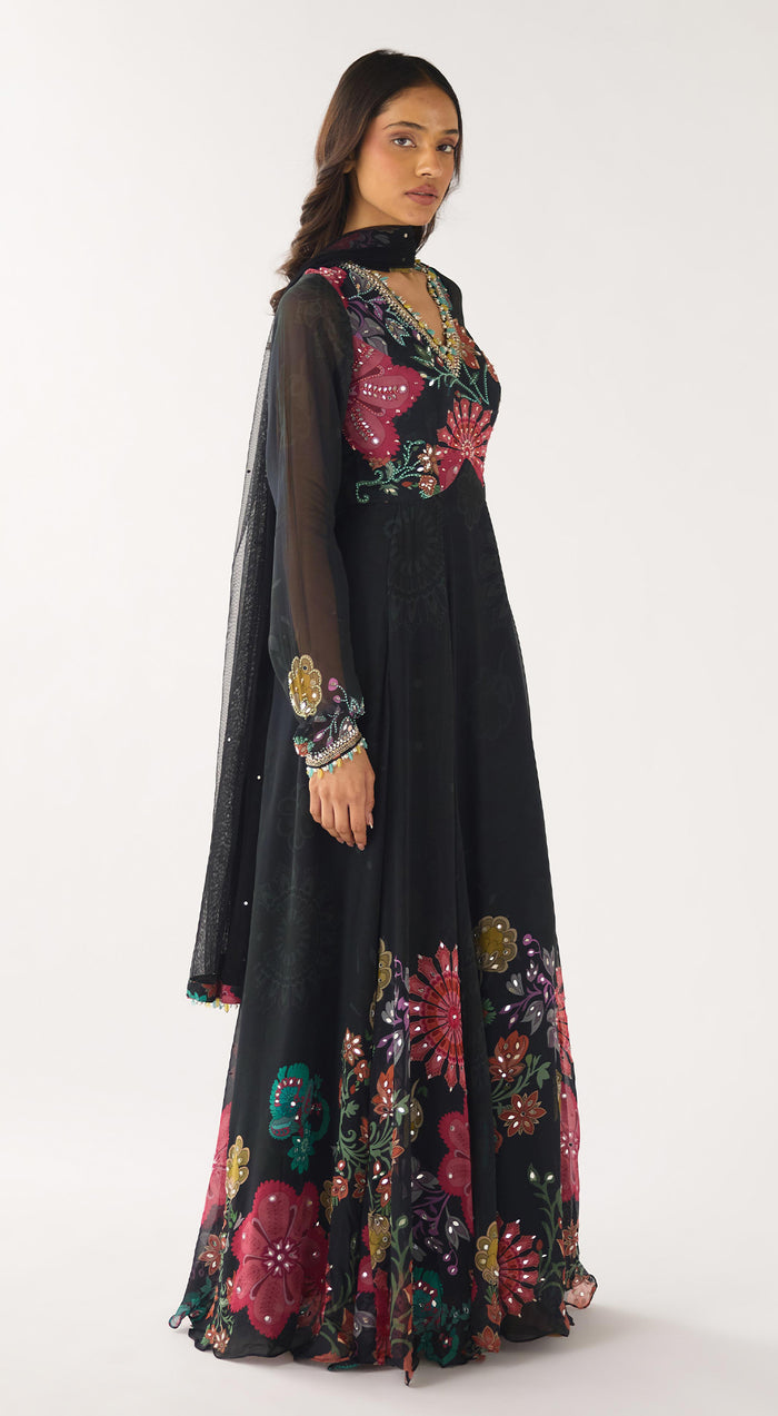 Black Georgette Embroidered Anarkali Set