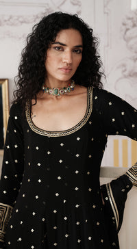 Full-sleeve black deep neck Anarkali suit with gota lace - Basanti kapde aur koffee