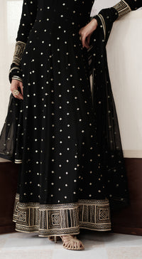 Full-sleeve black deep neck Anarkali suit with gota lace - Basanti kapde aur koffee