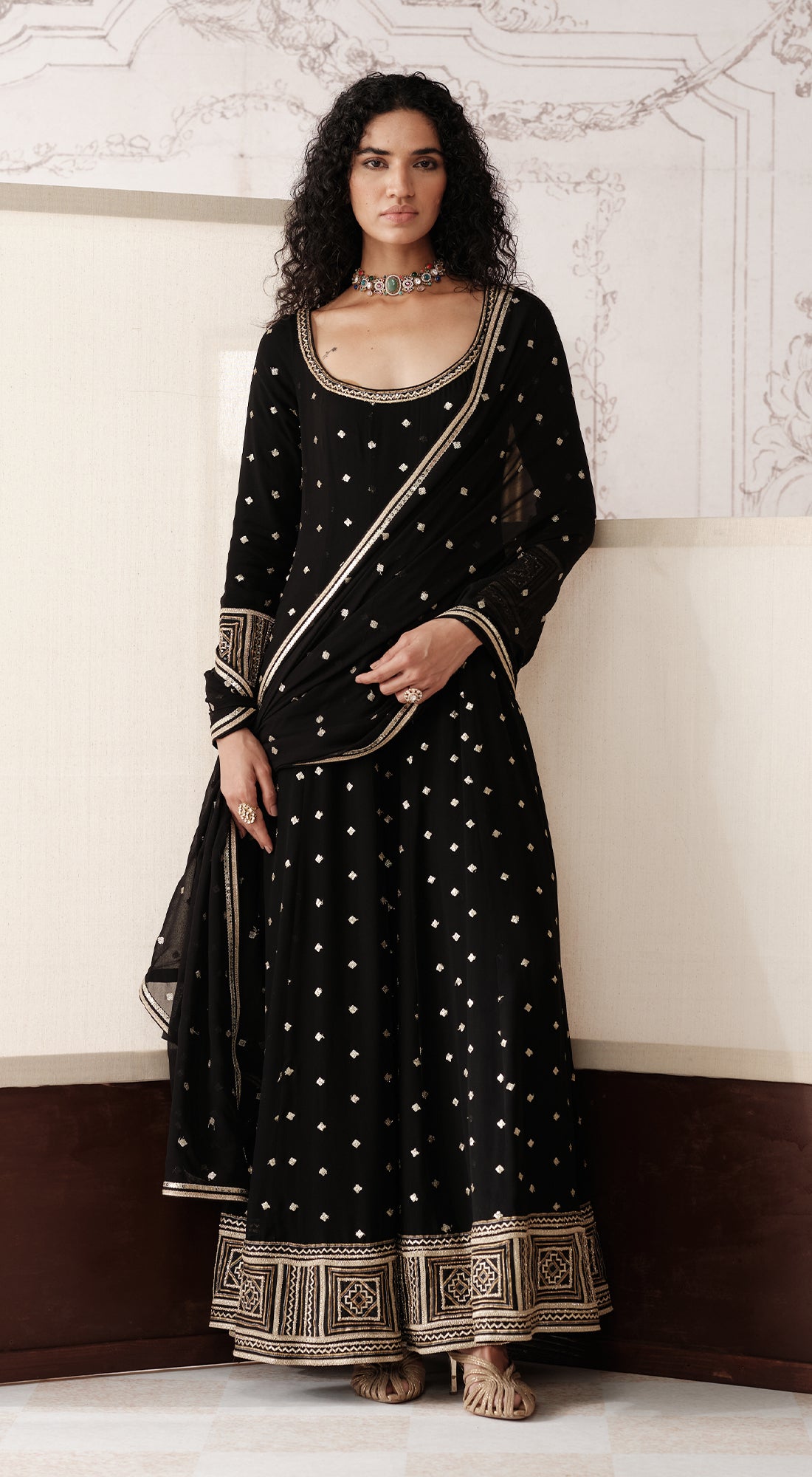 Full-sleeve black deep neck Anarkali suit with gota lace - Basanti kapde aur koffee