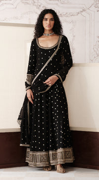 Full-sleeve black deep neck Anarkali suit with gota lace - Basanti kapde aur koffee