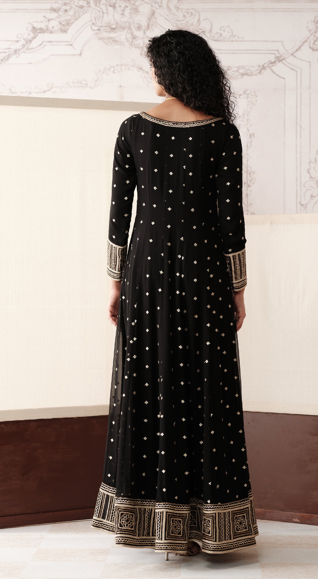 Full-sleeve black deep neck Anarkali suit with gota lace - Basanti kapde aur koffee