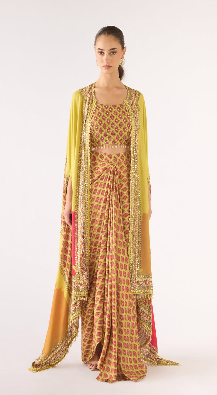 Lime Muslin Embroidered Cape Set