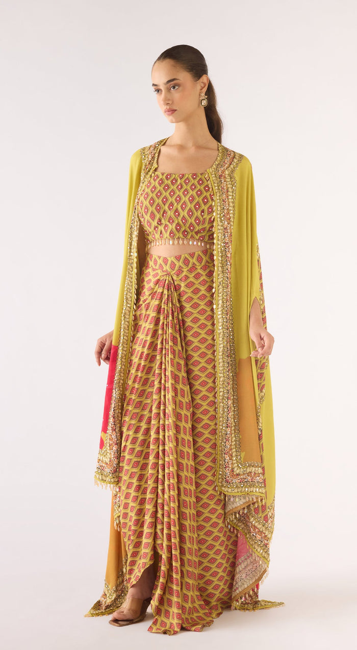 Lime Muslin Embroidered Cape Set