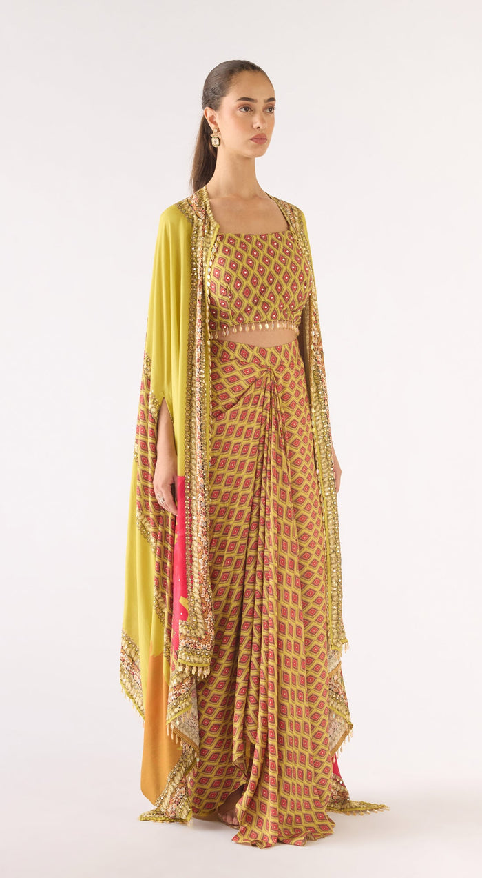 Lime Muslin Embroidered Cape Set