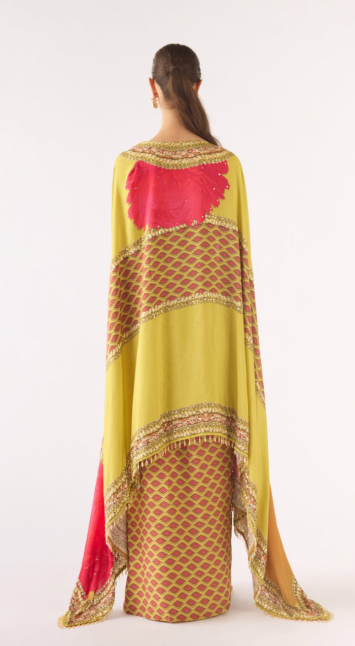 Lime Muslin Embroidered Cape Set