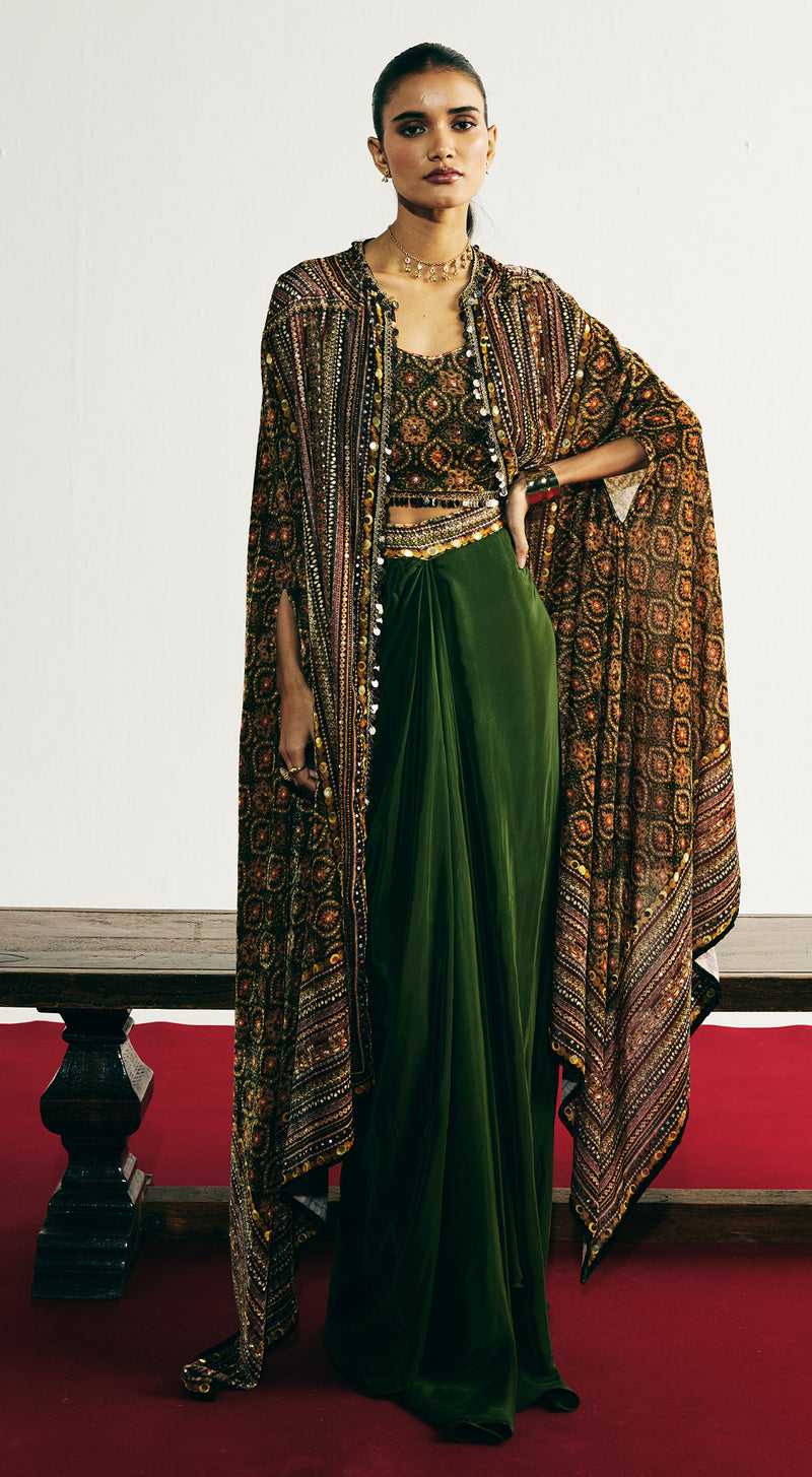 Green Velvet Embroidered Cape Set