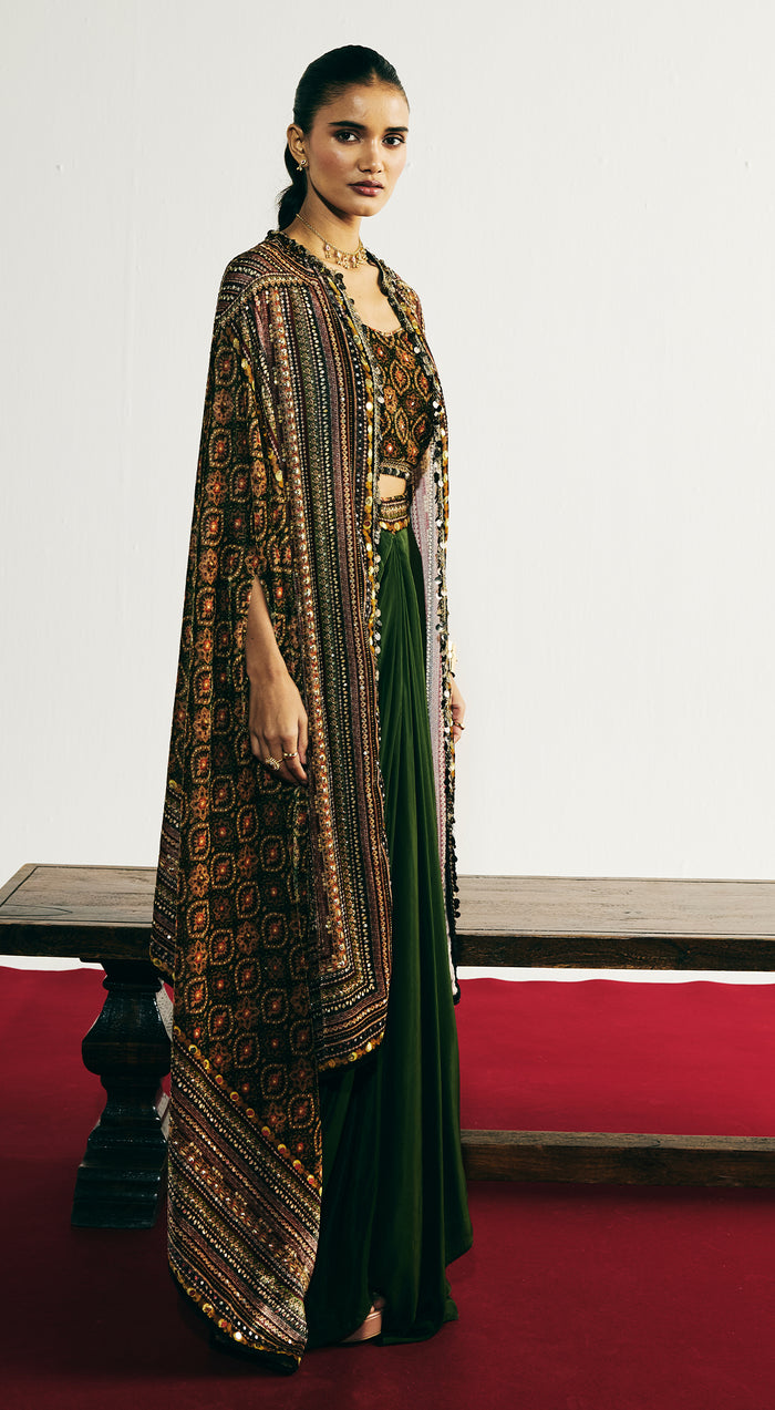 Green Velvet Embroidered Cape Set