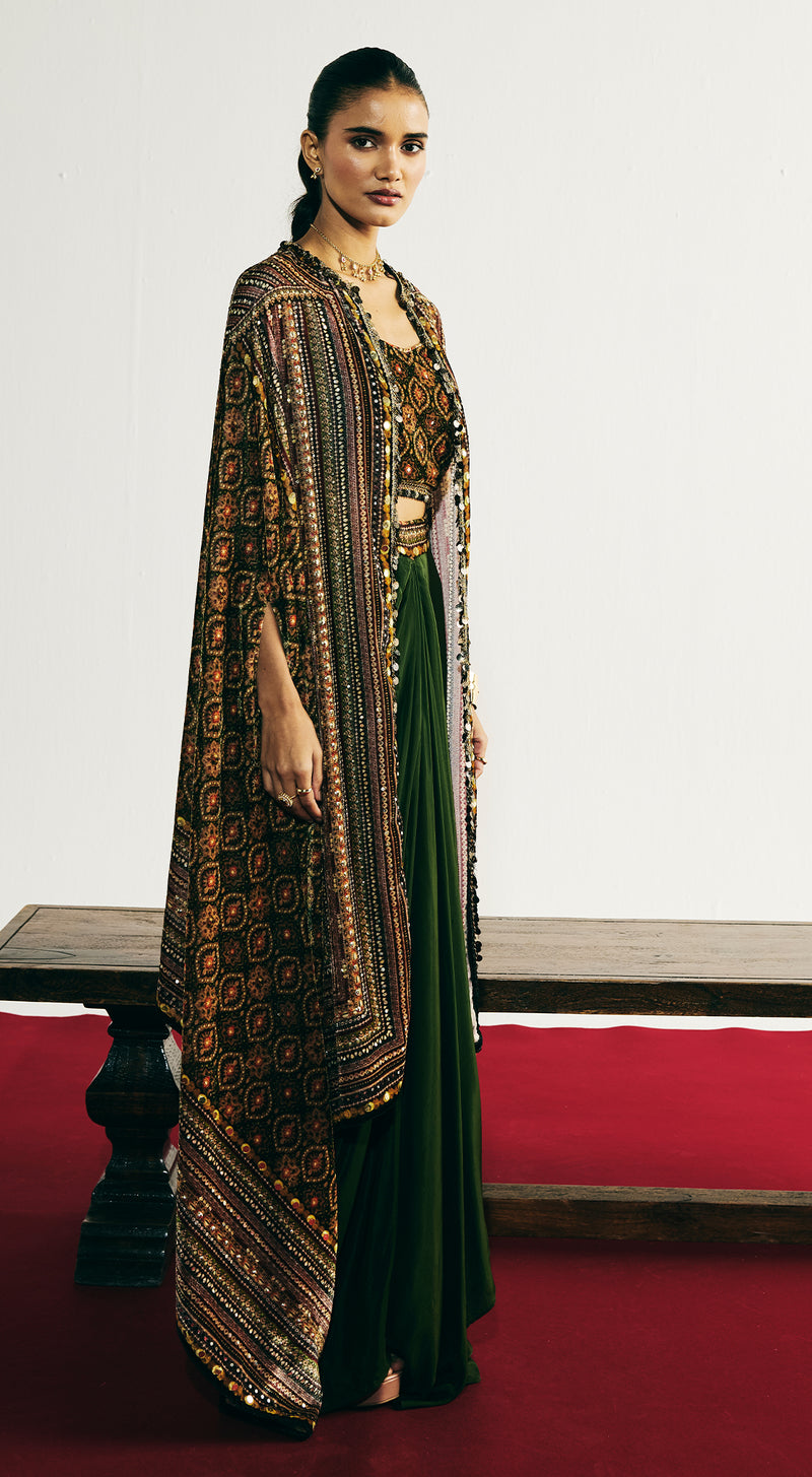 Green Velvet Embroidered Cape Set