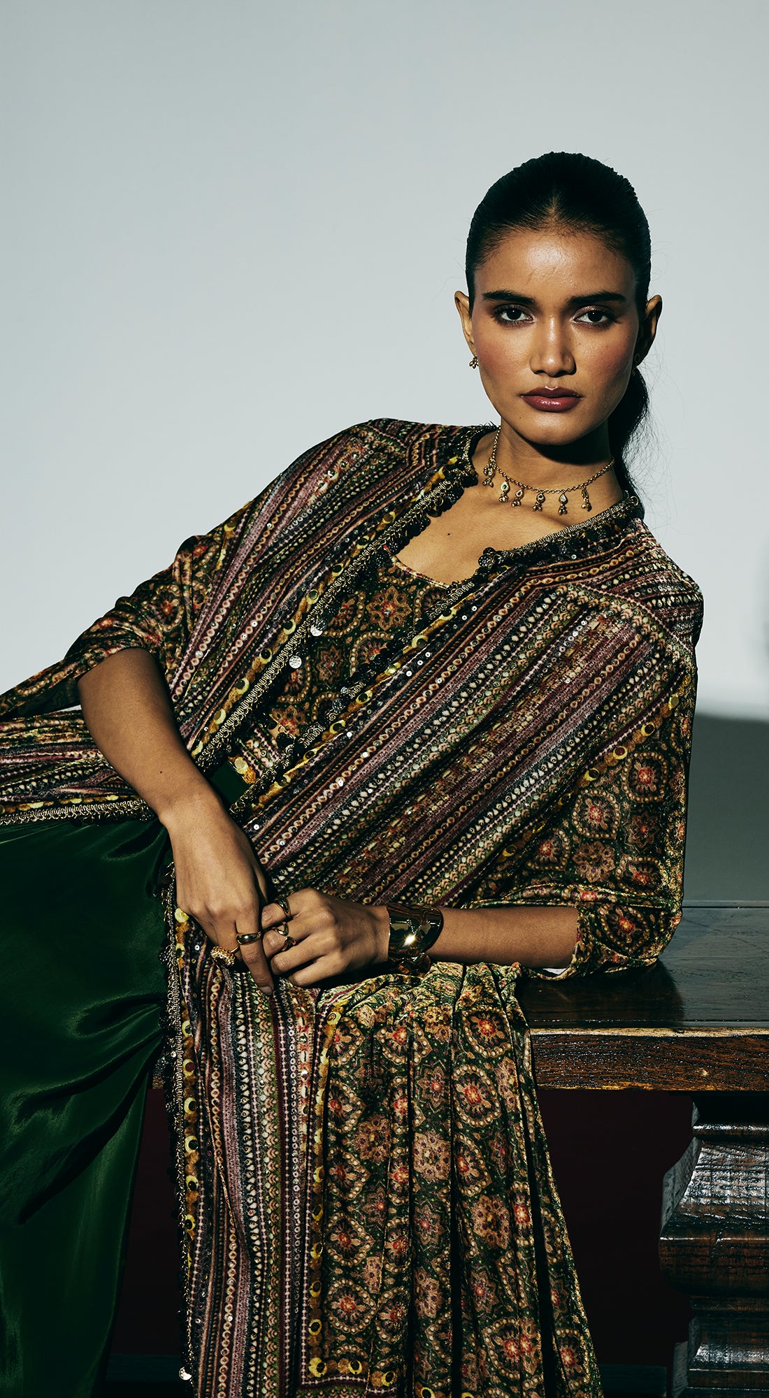 Green Velvet Embroidered Cape Set