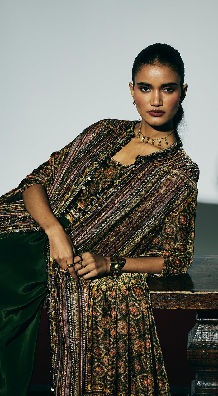 Green Velvet Embroidered Cape Set