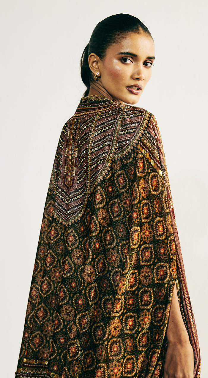 Green Velvet Embroidered Cape Set