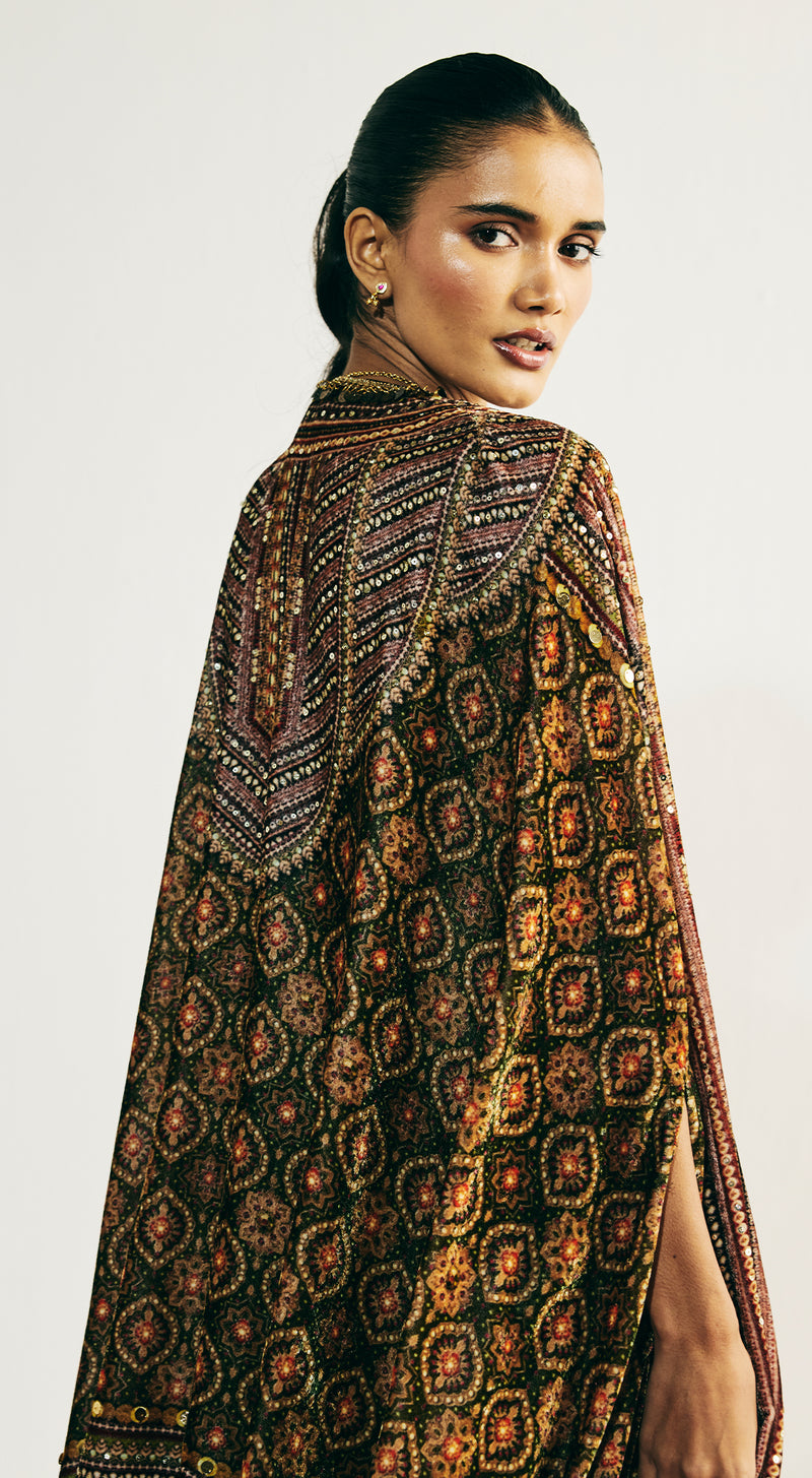 Green Velvet Embroidered Cape Set