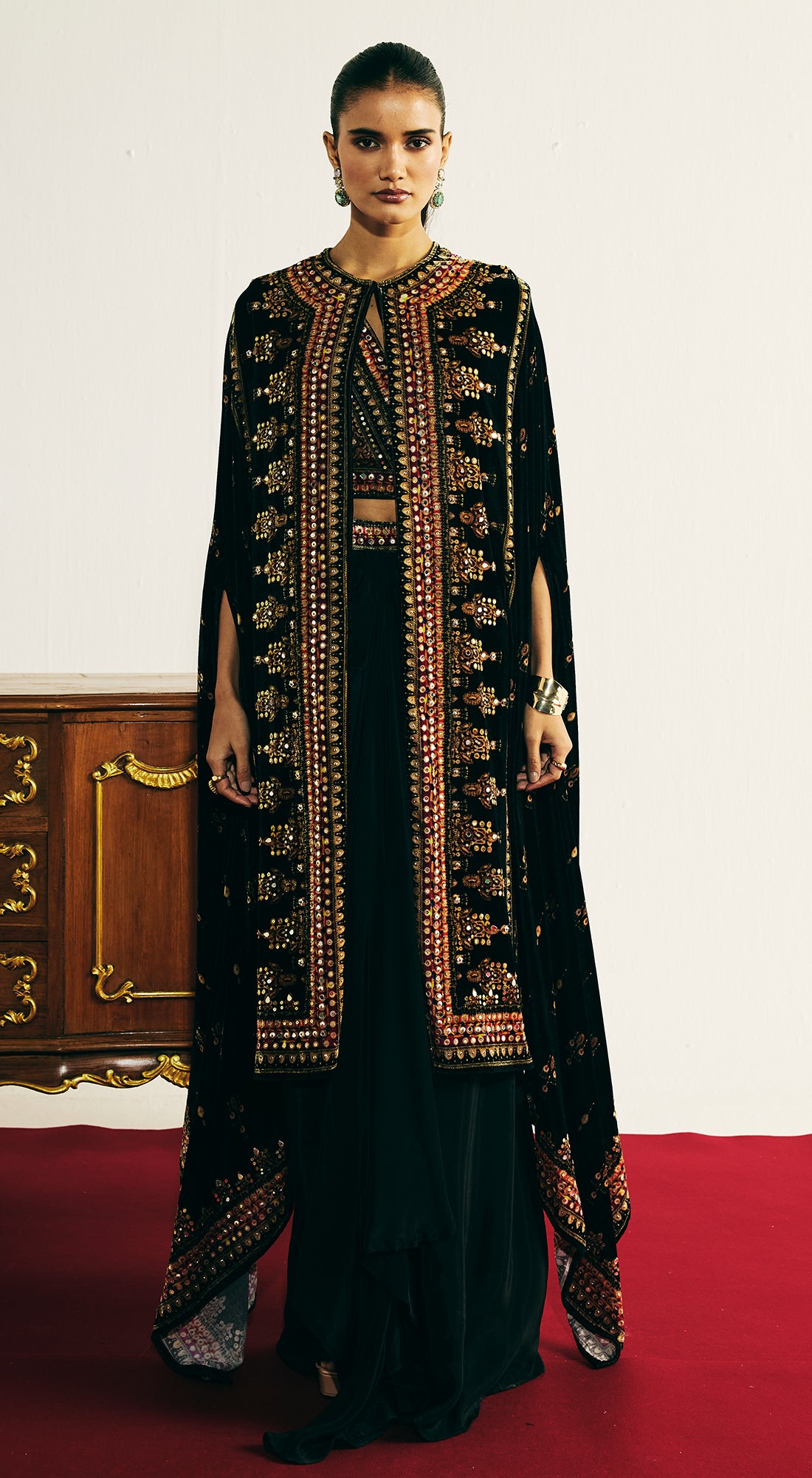 Black Velvet Embroidered Cape Set