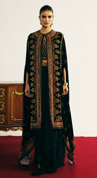 Black Velvet Embroidered Cape Set