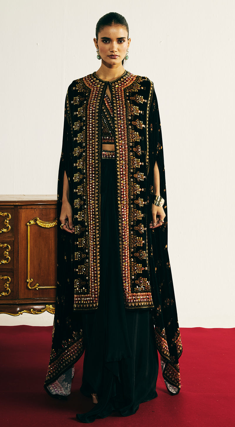 Black Velvet Embroidered Cape Set