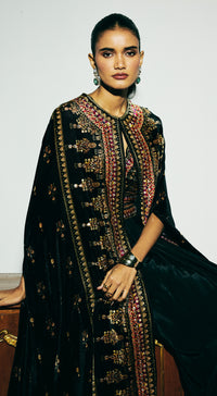 Black Velvet Embroidered Cape Set