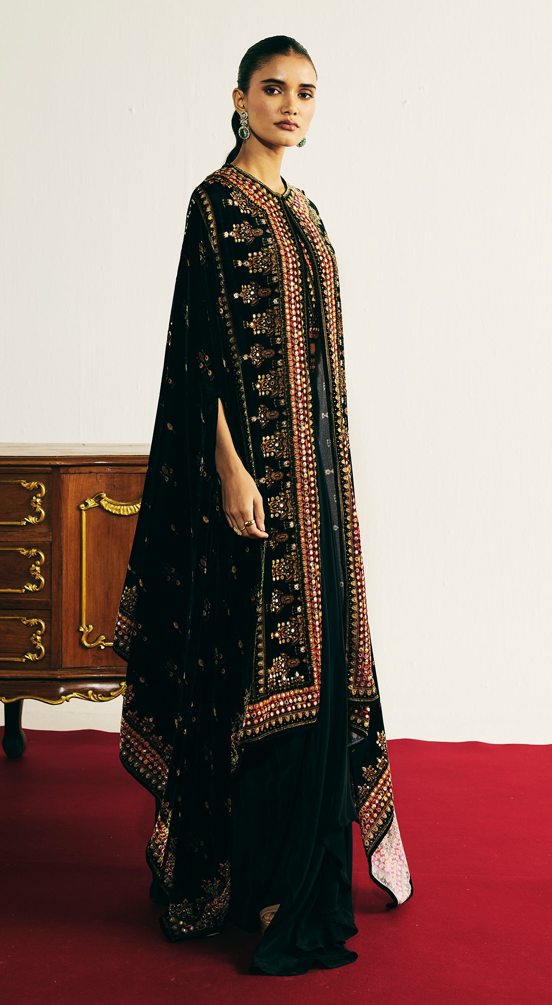 Black Velvet Embroidered Cape Set