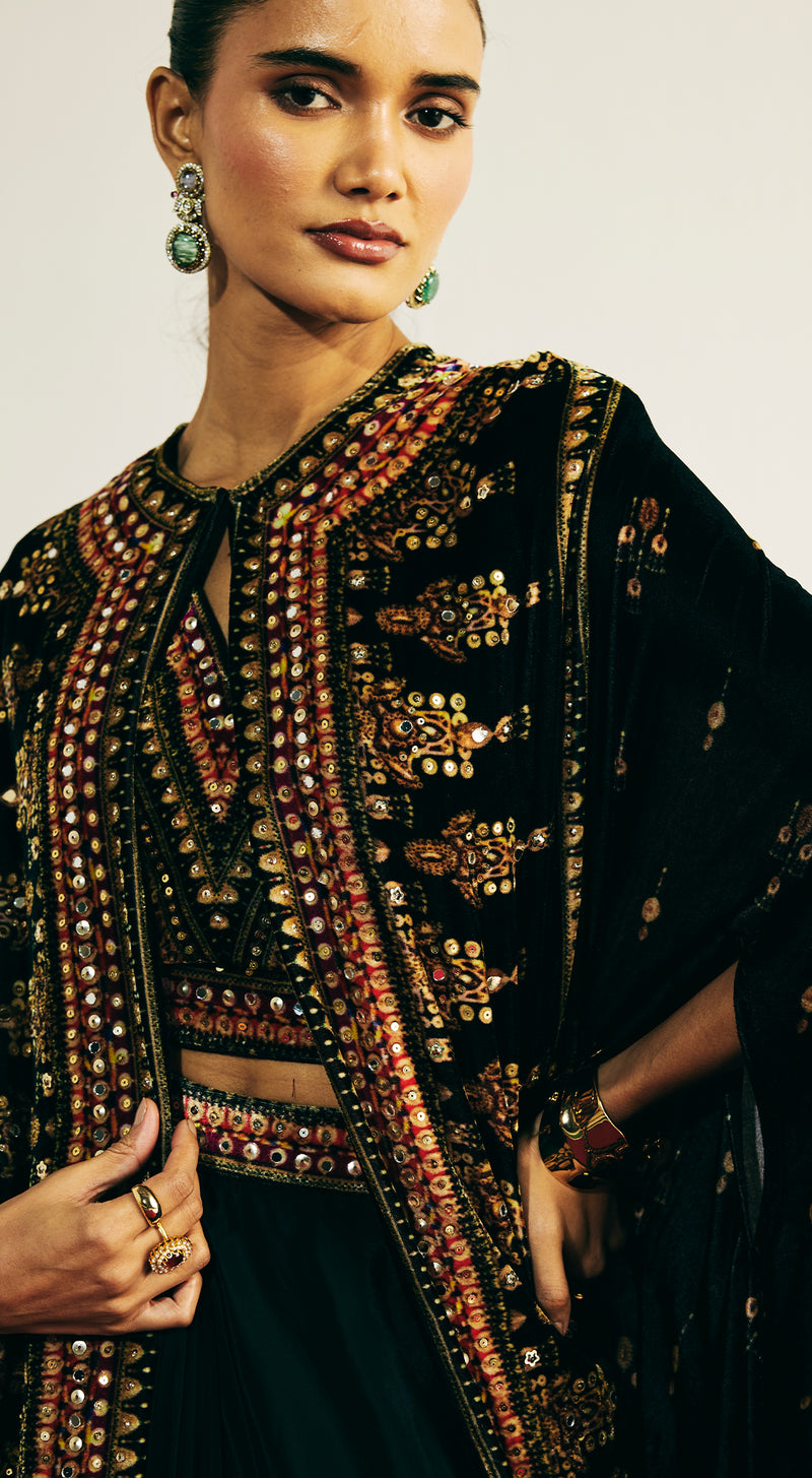 Black Velvet Embroidered Cape Set