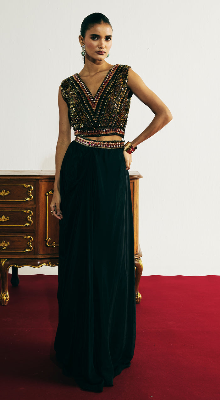 Black Velvet Embroidered Cape Set