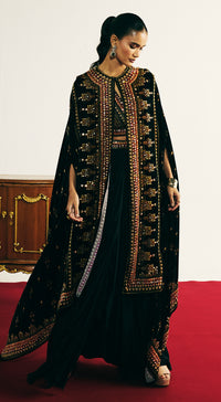 Black Velvet Embroidered Cape Set