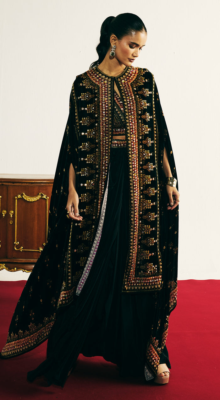 Black Velvet Embroidered Cape Set