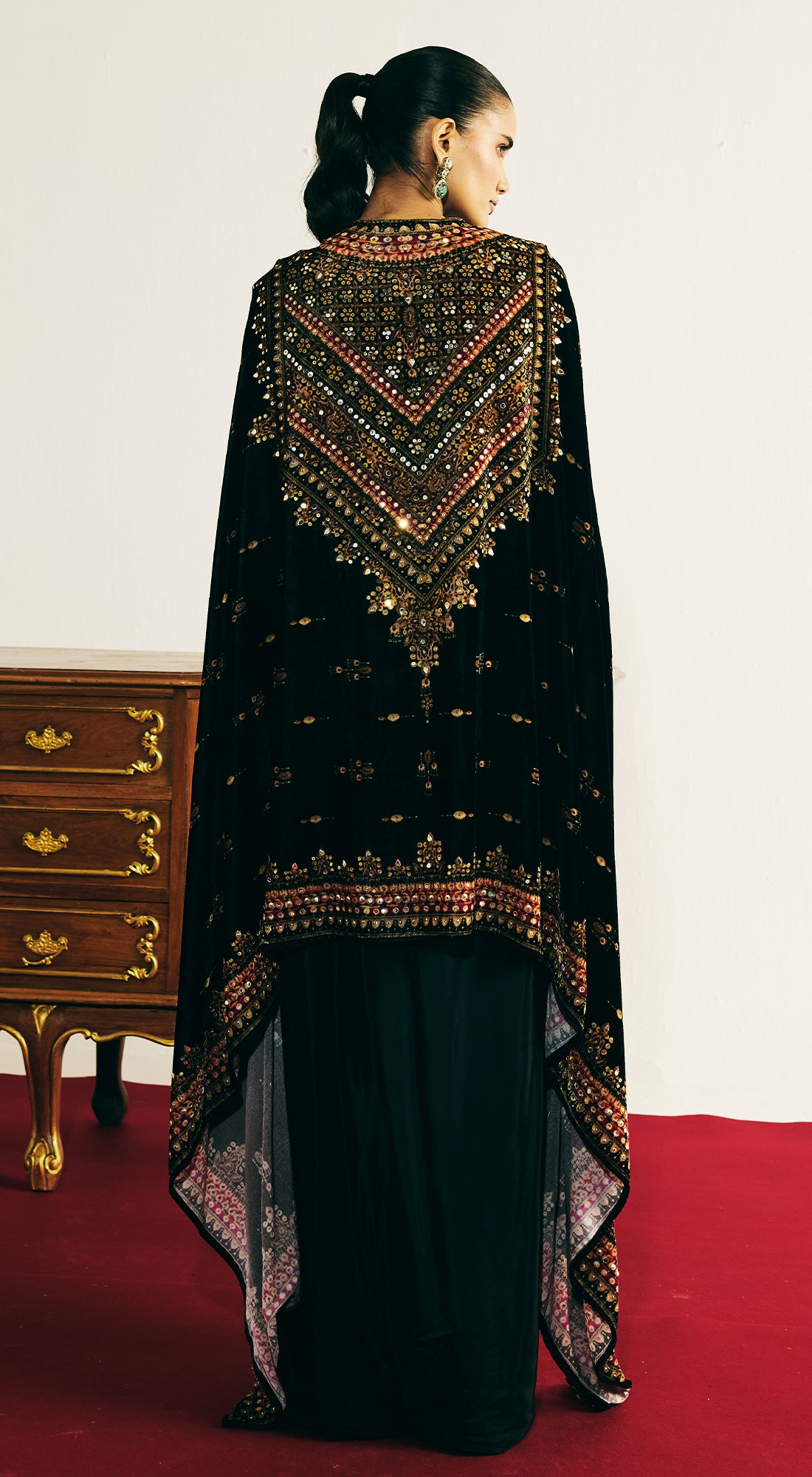 Black Velvet Embroidered Cape Set