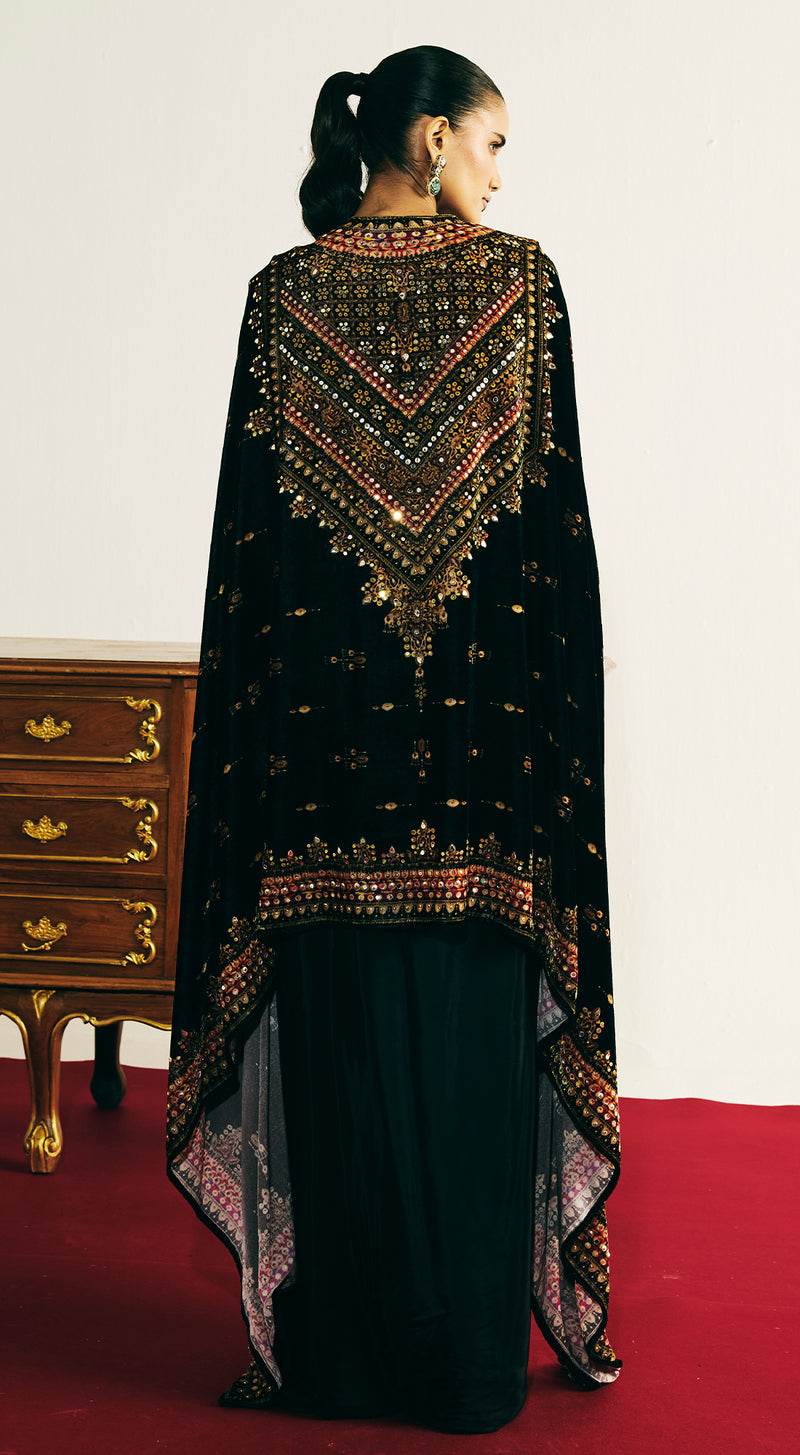 Black Velvet Embroidered Cape Set