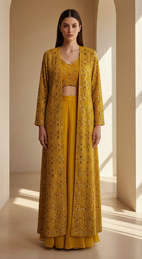 Yellow Silk Embroidered Jacket & Sharara Set