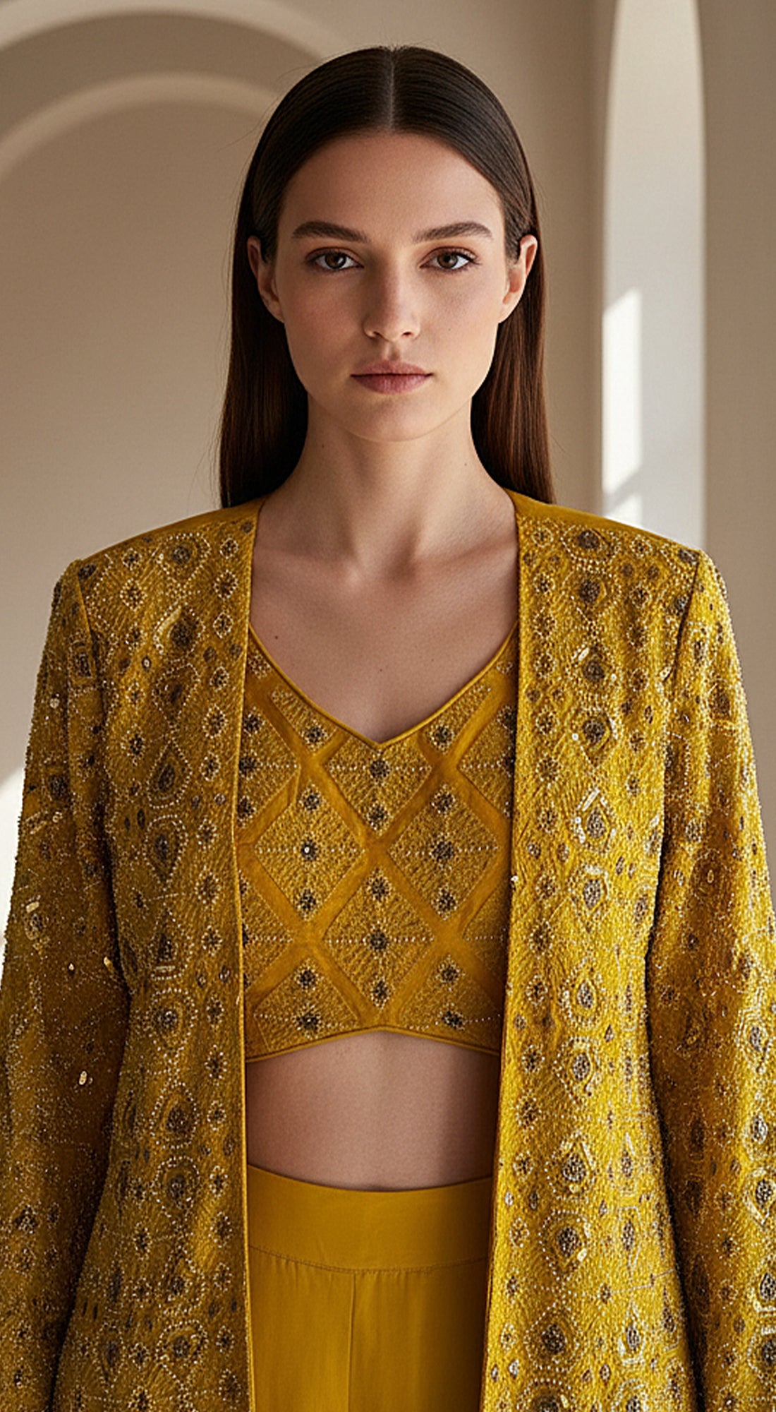 Yellow Silk Embroidered Jacket & Sharara Set