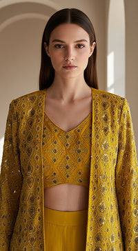 Yellow Silk Embroidered Jacket & Sharara Set