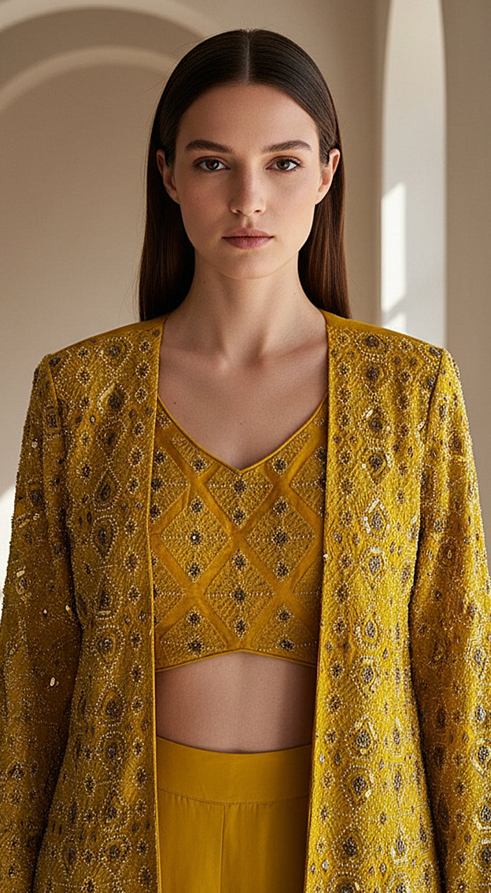 Yellow Silk Embroidered Jacket & Sharara Set