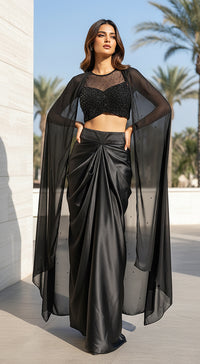 Black Satin Embroidered Cape Set
