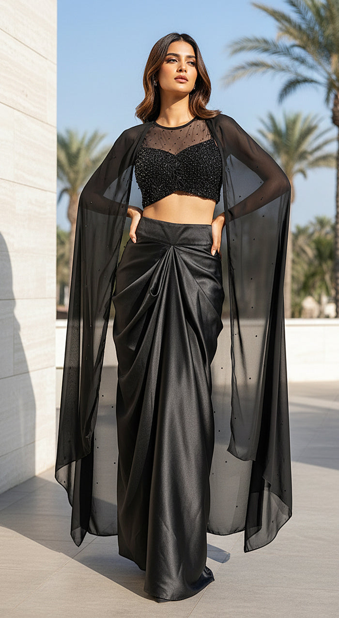 Black Satin Embroidered Cape Set