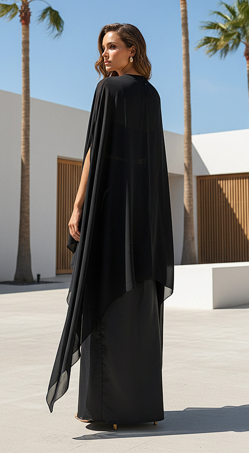 Black Satin Embroidered Cape Set