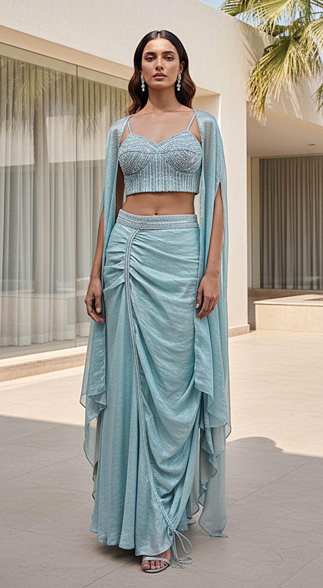 Aqua Crushed Tissue Embroidered Cape Set