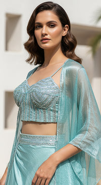 Aqua Crushed Tissue Embroidered Cape Set