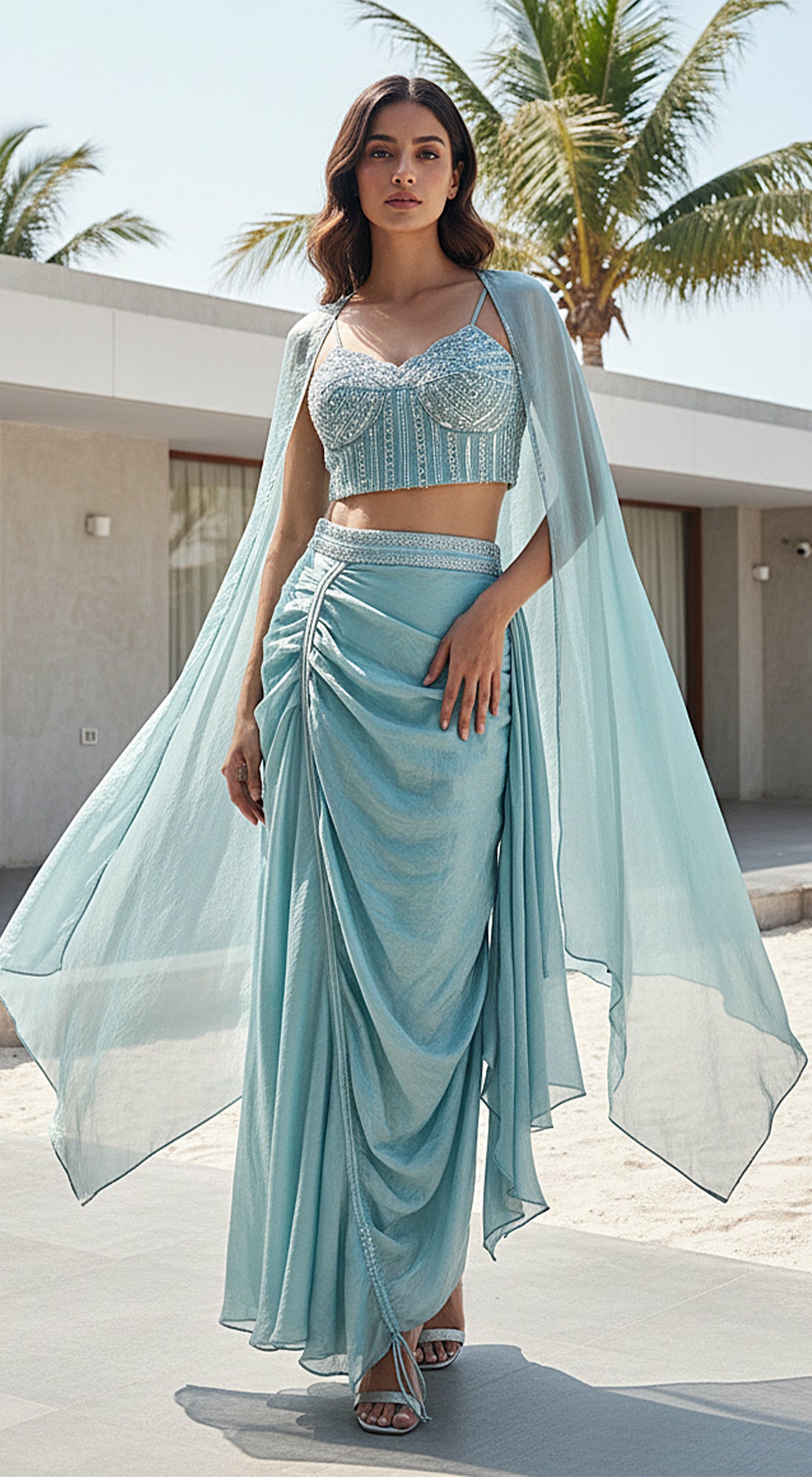 Aqua Crushed Tissue Embroidered Cape Set