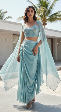 Aqua Crushed Tissue Embroidered Cape Set
