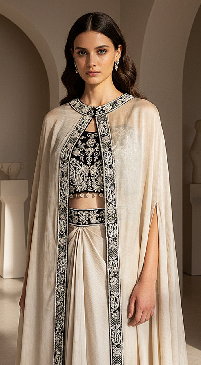 Ivory Nocturne Embroidered Cape Set