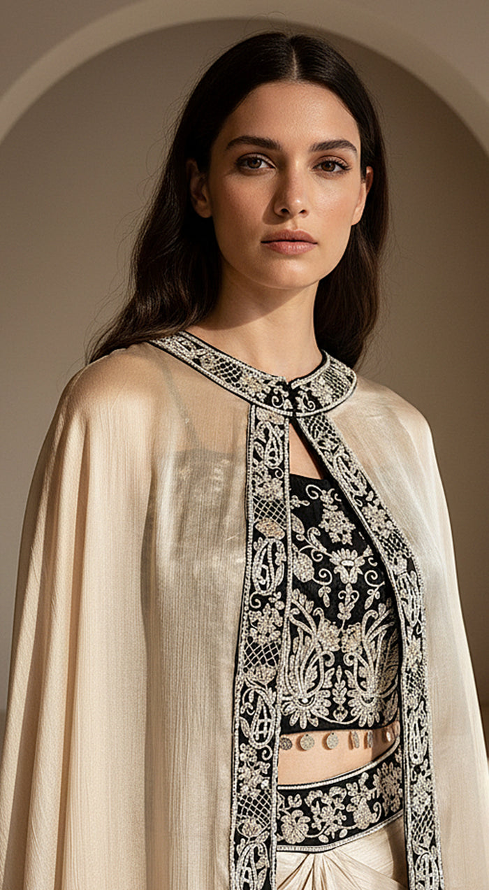 Ivory Nocturne Embroidered Cape Set